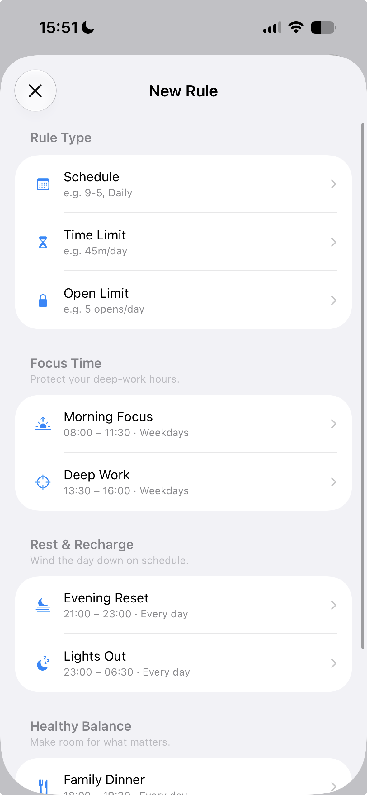 OpenAppLock New Rule screen: rule types Schedule, Time Limit, and Open Limit, followed by preset templates grouped under Focus Time and Rest and Recharge.